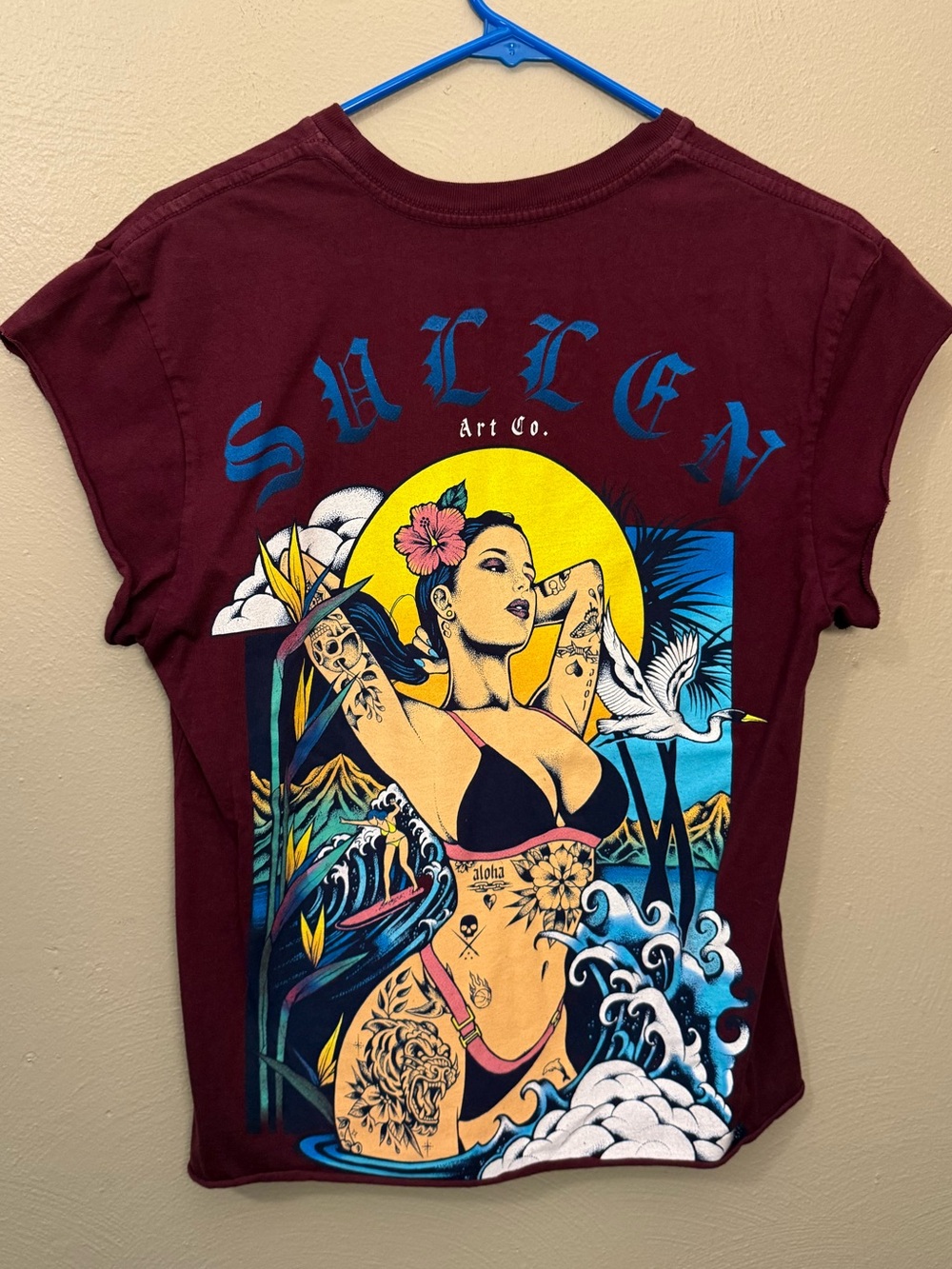 Sullen Art Co. Tattoo Bikini Girl burgundy graphic tee Size petite small